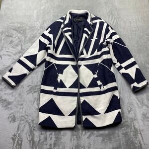 Zara Basic Navy White Geometric Abstract‎ Print Wool Blend Coat Jacket Womens M